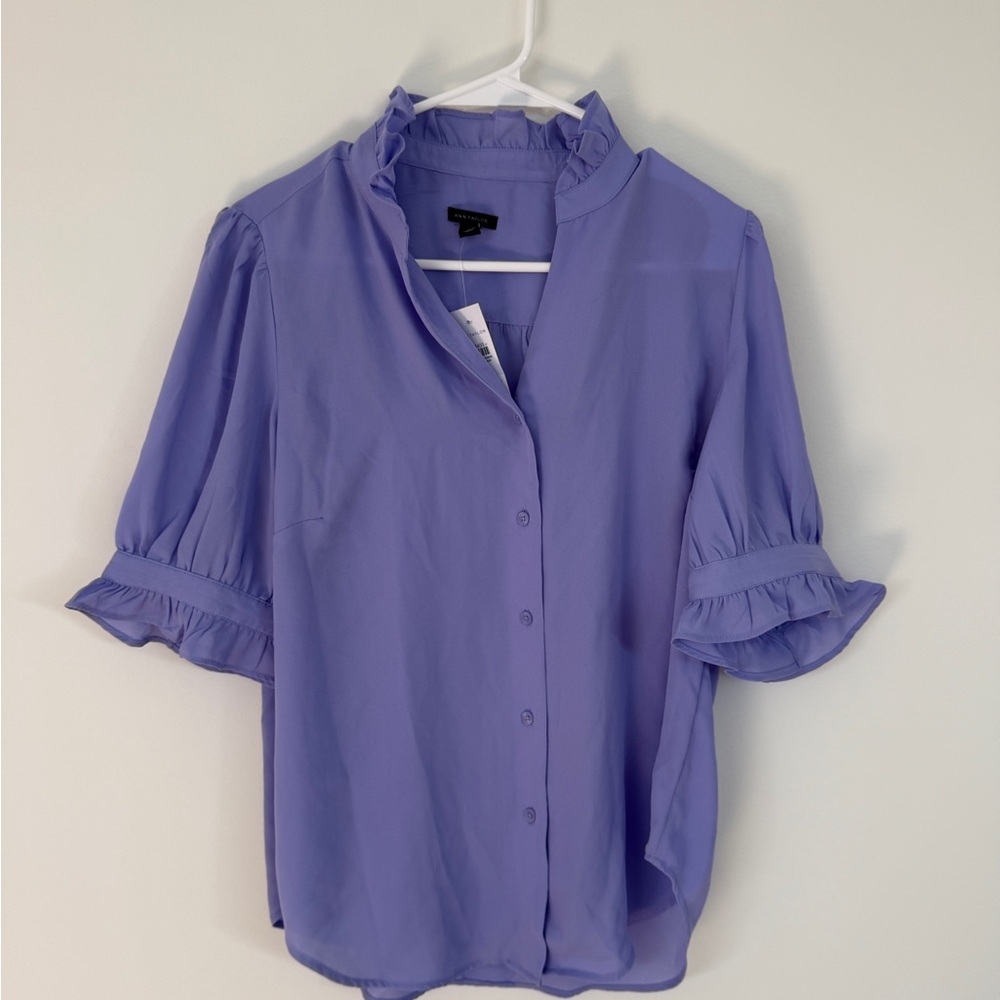 Ann Taylor Blue Flutter Sleeve Blouse with Mandarin Collar